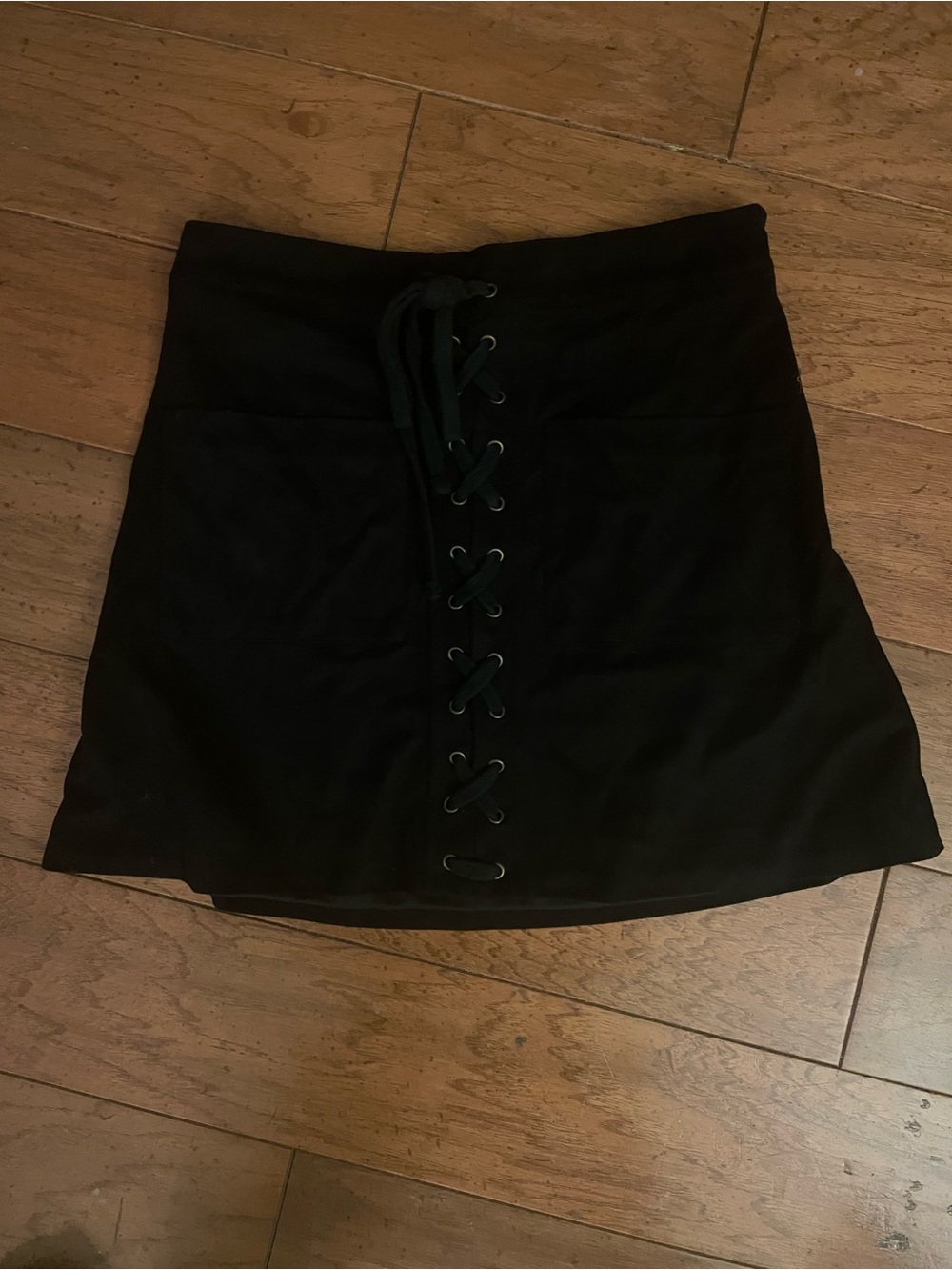 Storia Black Lace-Up Front Mini Faux Suede Skirt